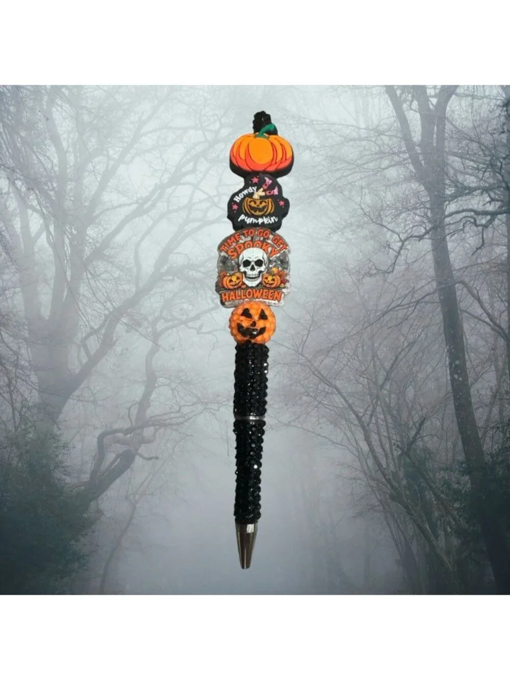 Halloween-Themed Decorative Pen With Pumpkin & Skull Toppers Black Beaded Grip F
